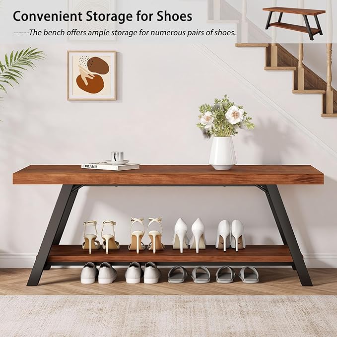 IBF Natural Real Wood Entryway Bench, Solid Wood Storage Bench, Industrial - Image 5