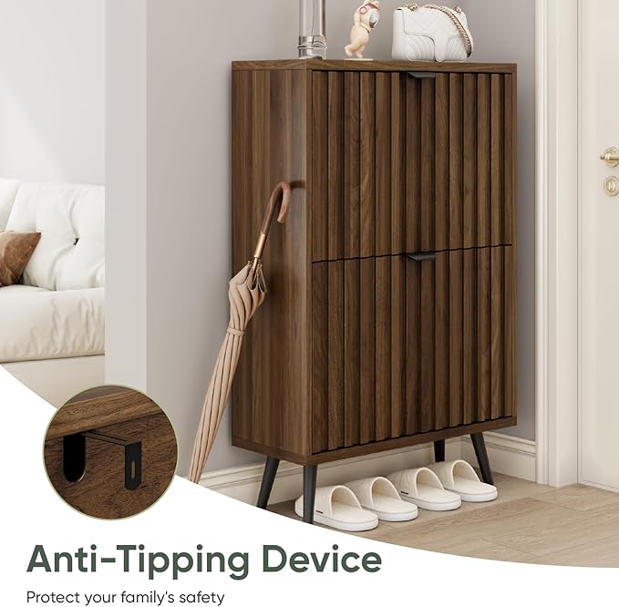 Smuxee Shoe Cabinet with 2 Flip Drawers, 23.6" Walnut Hidden Shoe Storage - Image 6