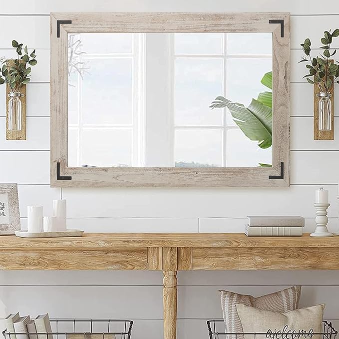 YOSHOOT Rustic Wooden Framed Wall Mirror, Natural Wood Bathroom Vanity Mirror - Image 6