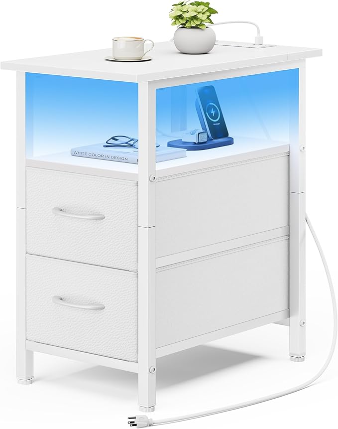 Vagusicc White Nightstand with Charging Station and LED Lights, Narrow Side by Vagusicc