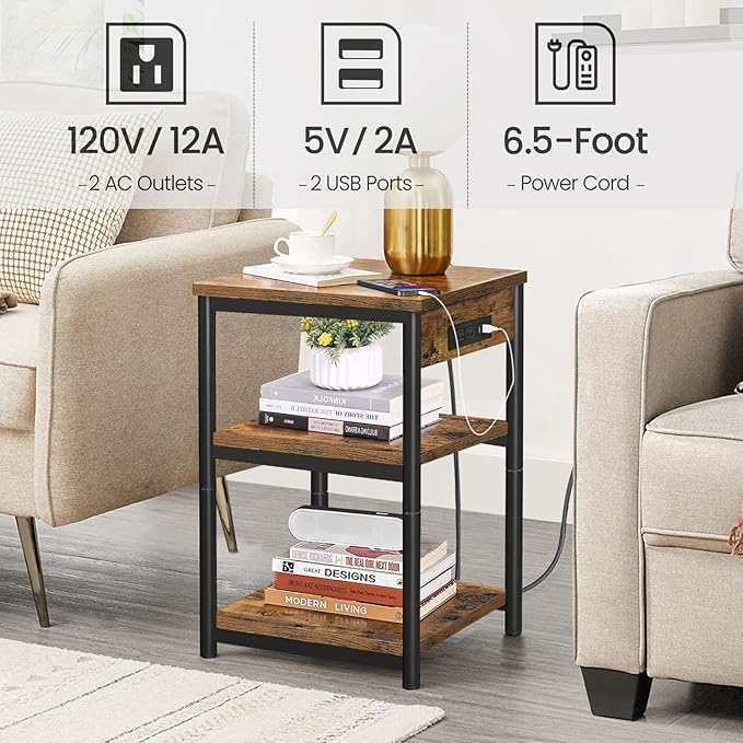 TUTOTAK End Table with Charging Station, Nightstand, 3-Tier Couch Side Table - Image 4