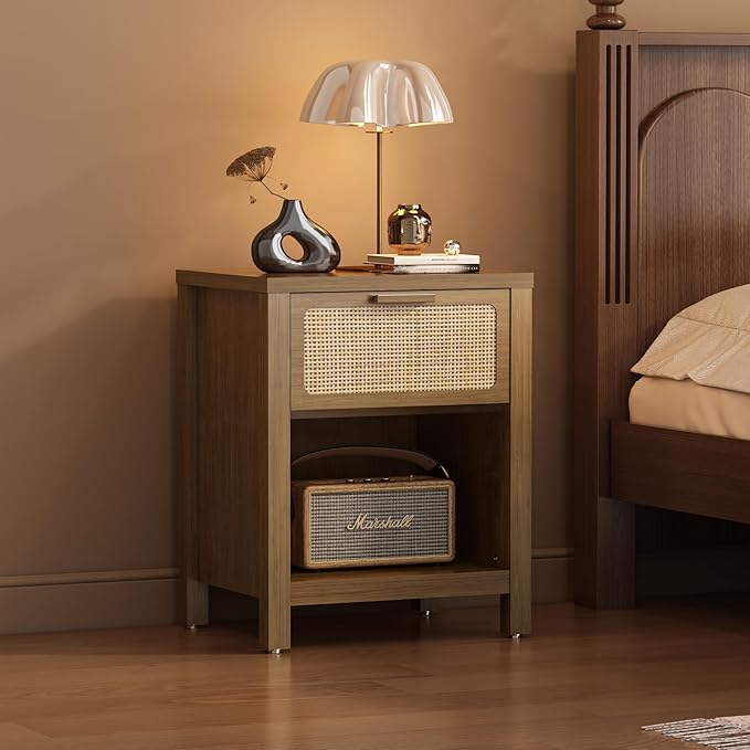 Rattan Nightstand, Mid Century Modern Bedside Table by YAUKOMEL