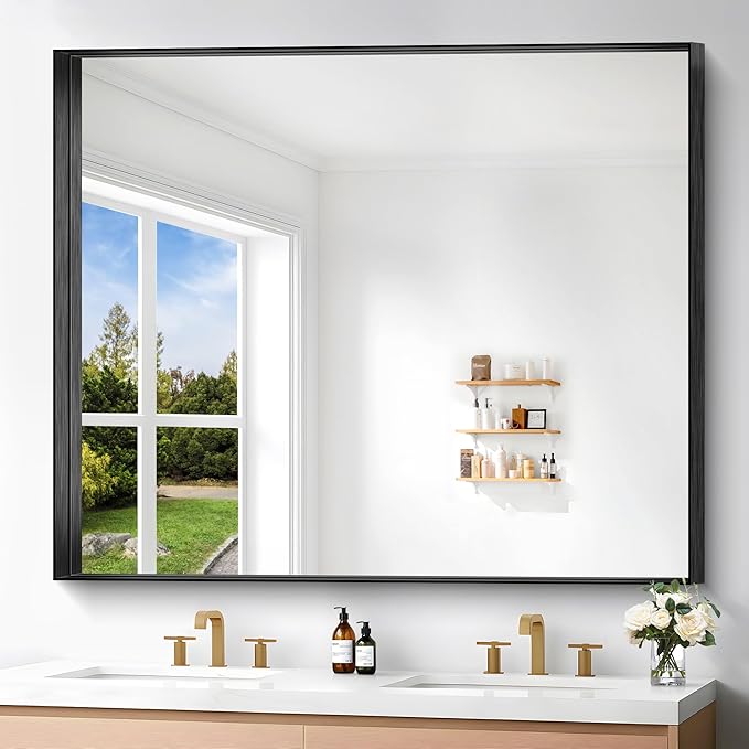 Black Bathroom Mirror, 40x48 Inch Rectangular Framed Mirror, Large Wall Mounted by Unknown