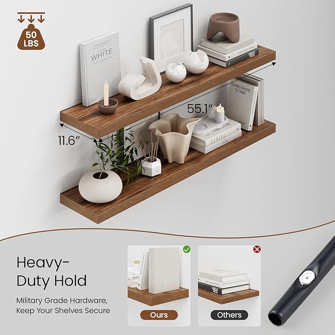 Heimlove 12 Inch Deep Floating Shelves, 55 x 12 inch Extra Long Floating Shelves - Image 3