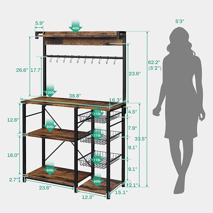 Large Bakers Rack with Power Outlets 38.8 Inches, 15 Hooks Coffee Bar with 3 - Image 2