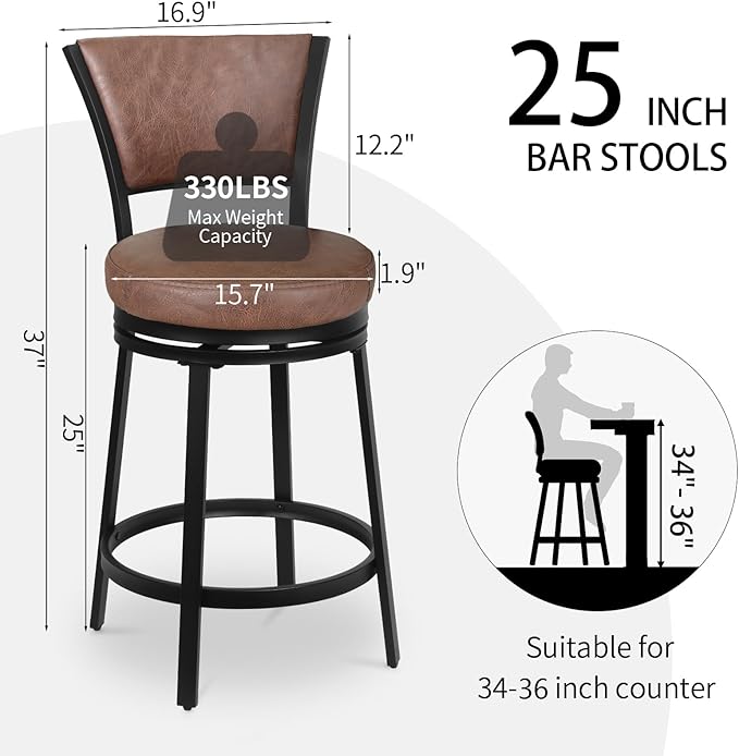 Bar Stools, Counter Height Barstools Set of 2, Modern Upholstered Counter Stools - Image 3