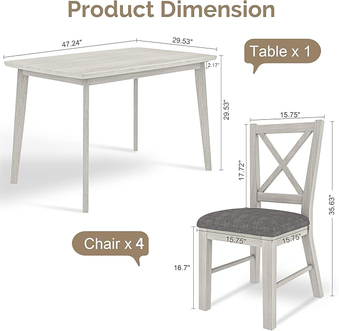 5-Piece Dining Table Set for 4, Solid Wood Kitchen Table Set - Image 2