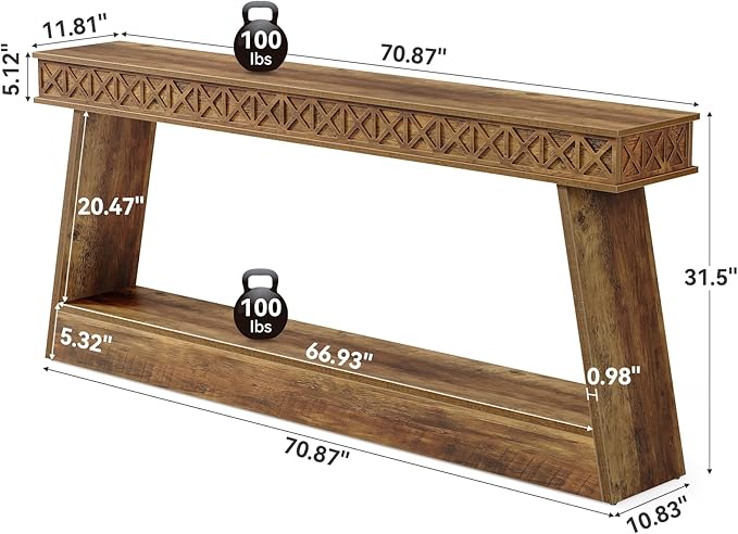 LITTLE TREE 70.87" Long Farmhouse Console Table, 2-Tier Shelf Narrow Accent - Image 2