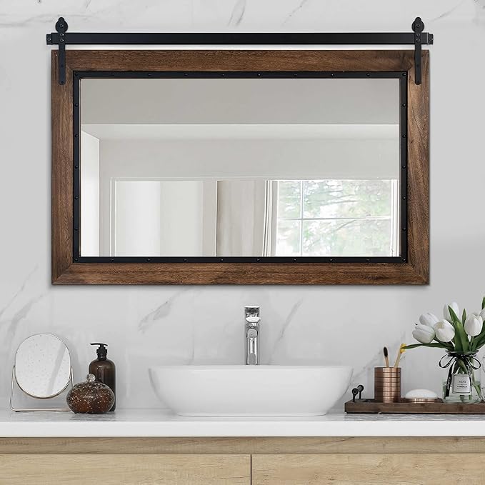 YOSHOOT Farmhouse Barn Door Mirror, Wood Frame Wall Mirror, Wooden Mirror by YOSHOOT