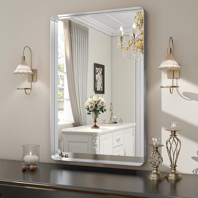 Silver Bathroom Mirror for Wall, 30x22 Inch Rectangular Aluminum Alloy Framed - Image 2