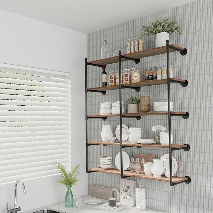Industrial Pipe Shelf Brackets Wall Mount, Open Black Pipe Shelving - Image 2