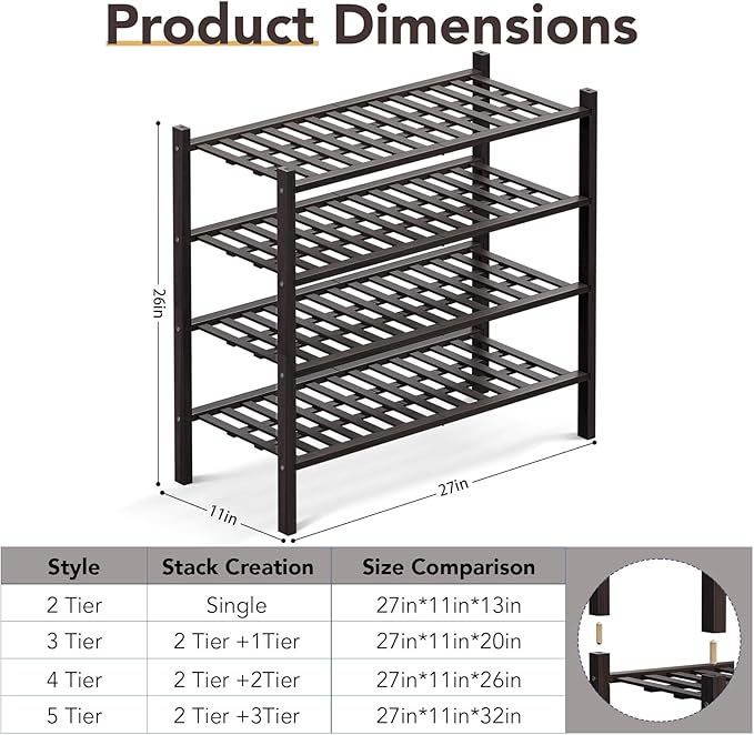 Haddockway 4 Tier Bamboo Shoe Rack Storage Organizer, Small Space 27"x11"x26" - Image 3