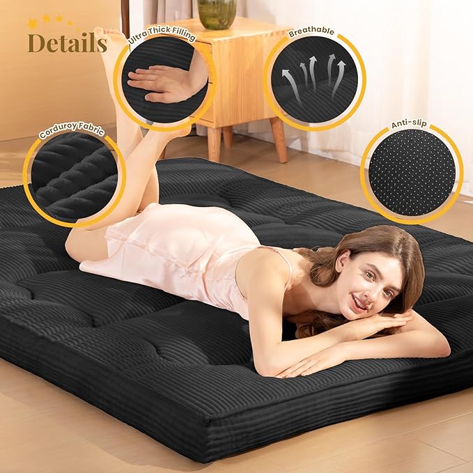 Japanese Floor Mattress, Corduroy Foldable Floor Pad, Roll Up Tatami Mat - Image 3