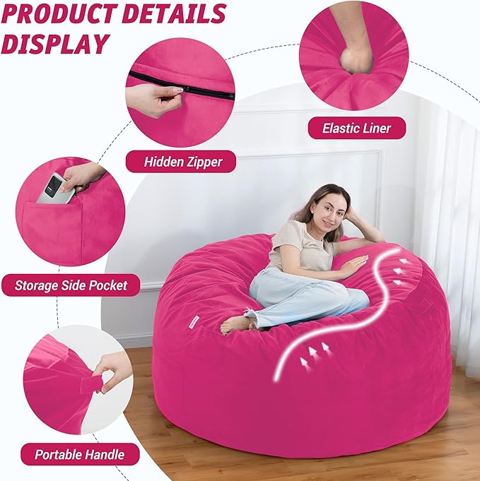 5FT Bean Bag Chair with Ultra Soft Velvet Cover Bean Bag Sofa with Memory Foam - Image 4