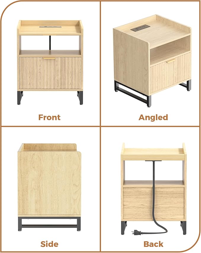 Fluted Night Stand with Charging Station, Wood Nightstand with Large Drawer and - Image 7