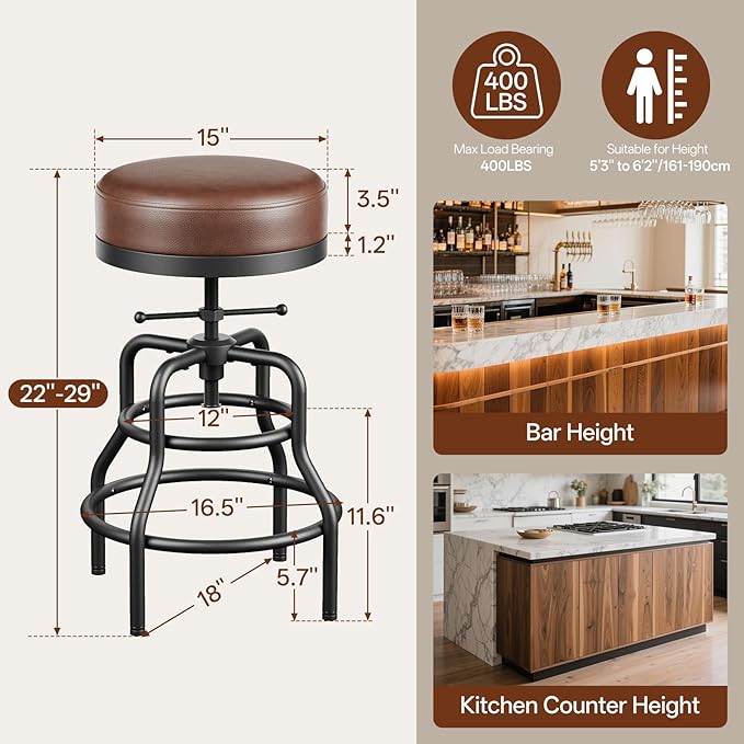 Adjustable Height Swivel Bar Stools Set of 2, 22-29 Inch Industrial Vintage Bar - Image 2