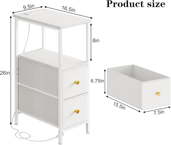Fixwal Narrow Side Table with Charging Station and LED Light, Skinny Nightstand - Image 3