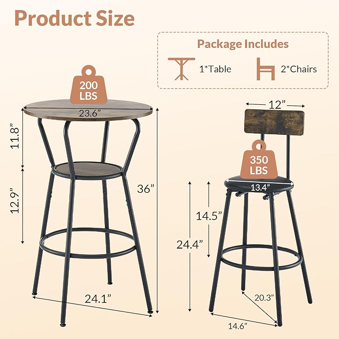 3-Piece Round Bar Table and Chair Set, Small Dining Table - Image 2