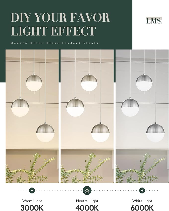 LMS Modern Brushed Nickel 3-Light Cluster Pendant Lights, Mid Century Pendant - Image 7