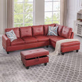 Red L-Shaped 3-Piece Faux Leather Sofa by Unknown