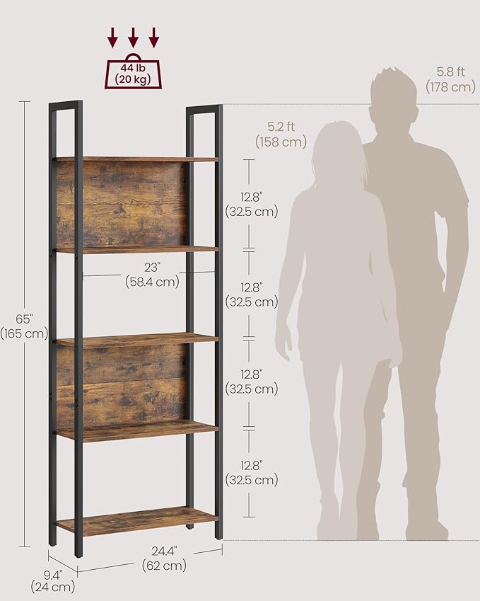 VASAGLE 5-Tier Bookshelf, Book Shelf, Industrial Bookcase, - Image 2