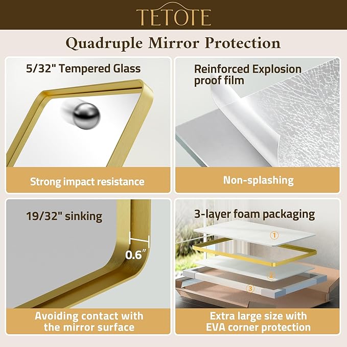 TETOTE Brushed Gold Bathroom Mirror 30 x 30 Gold Metal Framed Bathroom Mirror - Image 5