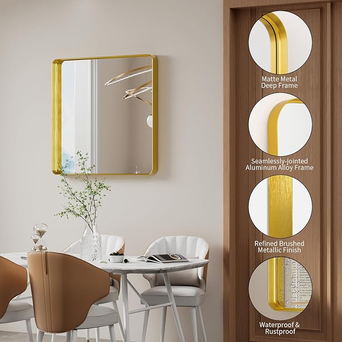 Koonmi Gold Wall Mirror for Bathroom, 30x30 Inch Matte Deep Framed Rounded - Image 5