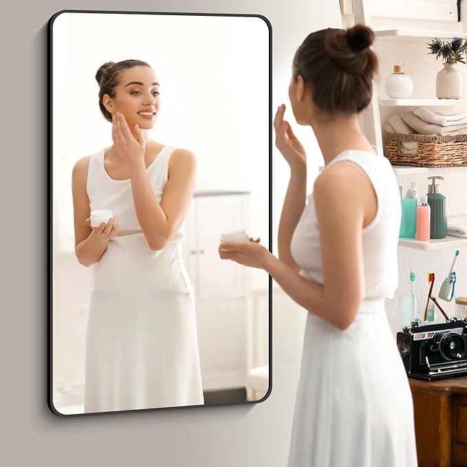Bathroom Mirror, 48x36 inch Black Rectangle Wall Mirror, Metal Frame Rounded - Image 7