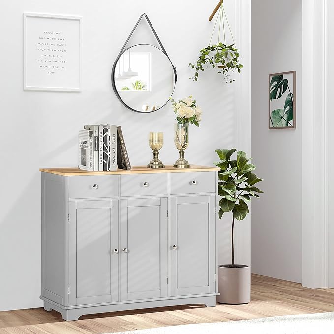 HOMCOM Sideboard with Solid Wood Countertop, Modern Kitchen Storage Cabinet - Image 2