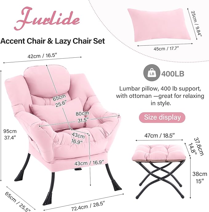 Lazy Chair with Ottoman, Modern Lounge Chair with Lumbar Pillow, Accent Cozy - Image 2