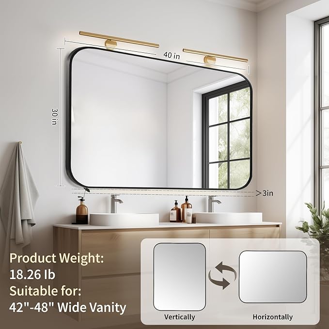 Black Bathroom Mirror, 40x30 Inch Aluminum Frame Rectangle Mirror, Tempered - Image 7