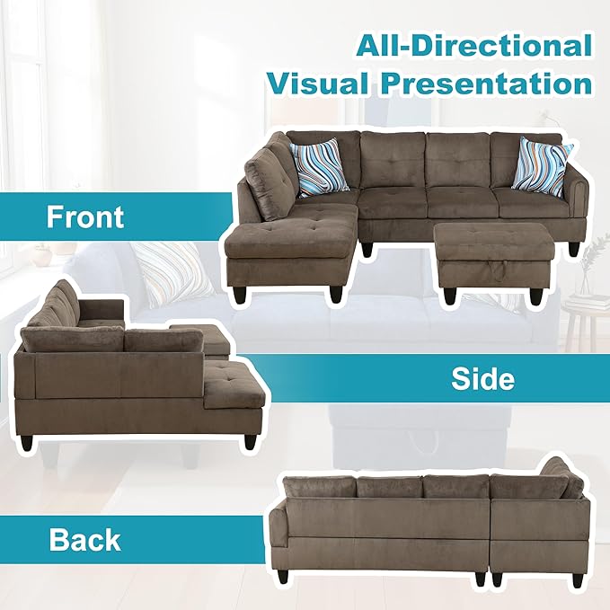 L Shaped Couch Modern Sectional Couch Upholstered Velvet Fabric 3 Pieces Sofas - Image 6