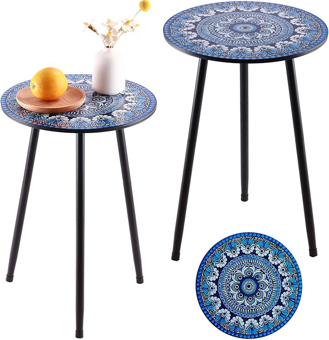 2 Packs Metal Mosaic Round Side Table 13.4" Small Outdoor Patio Round Accent by Party+Zealot