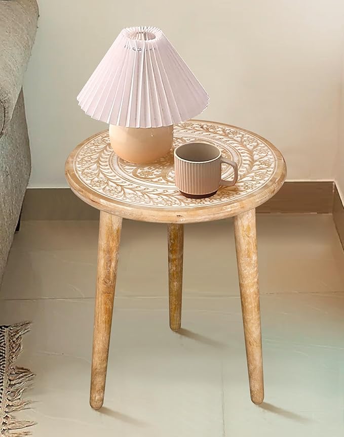 Wooden Table with 3 Legs Pillar, Carving End Tables, Round Coffee Tables by TheWoodenTown