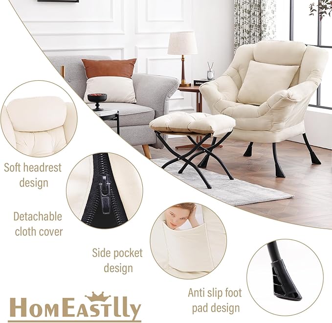 Lazy Chair with Ottoman, Modern Lounge Accent Chair with Armrests and a Throw - Image 7