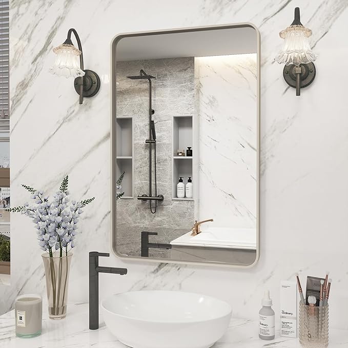 20x30 Inch Brushed Nickel Bathroom Mirror, Brushed Silver Metal Framed Wall by VANLIOBathroomMirror