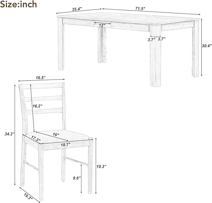 7-Piece Wooden Dining Set with Mutifunctional Extendable Table 12" Leaf and 2 - Image 3