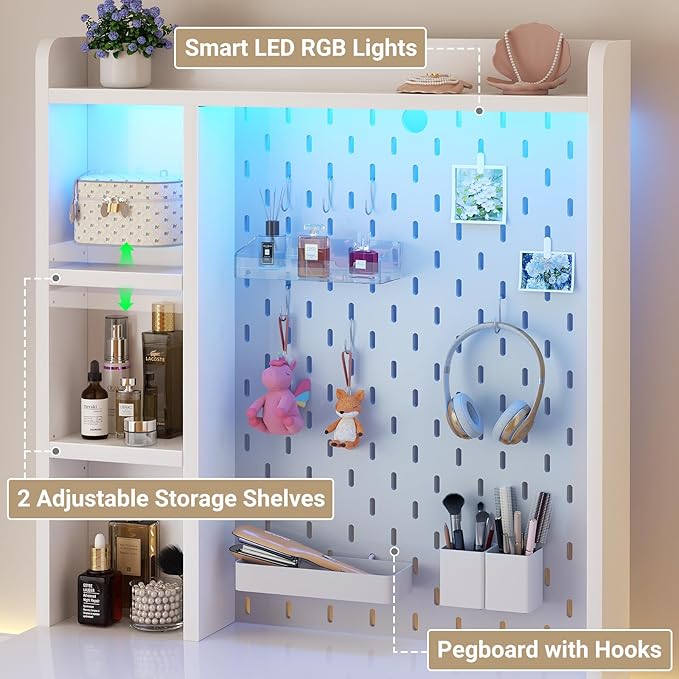 Small Vanity Desk with Hutch and Drawers, Vanity Table Dressing Table with LED - Image 3