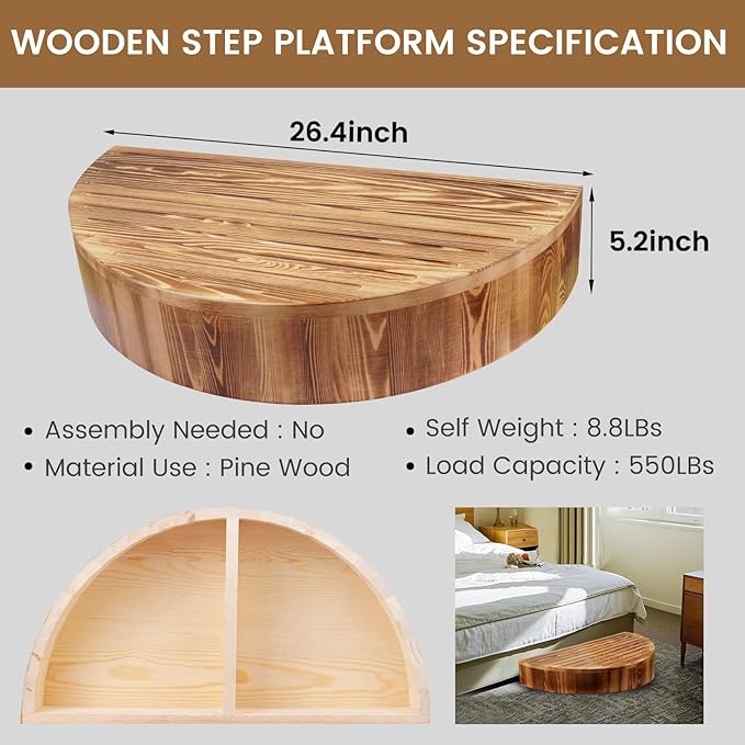Solid Wooden One Step Stool, 5.2" High Semicircular Wood Bed Step - Image 2