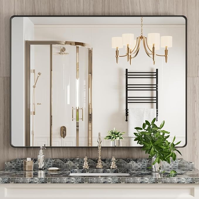 Black Bathroom Mirror 48X32 Inch, Rounded Rectangle Matte Bathroom Vanity Mirror - Image 2