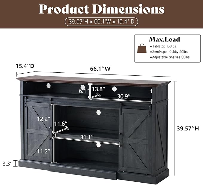 66" Farmhouse TV Stand with Sliding Barn Doors, Rustic Media Console Table - Image 2