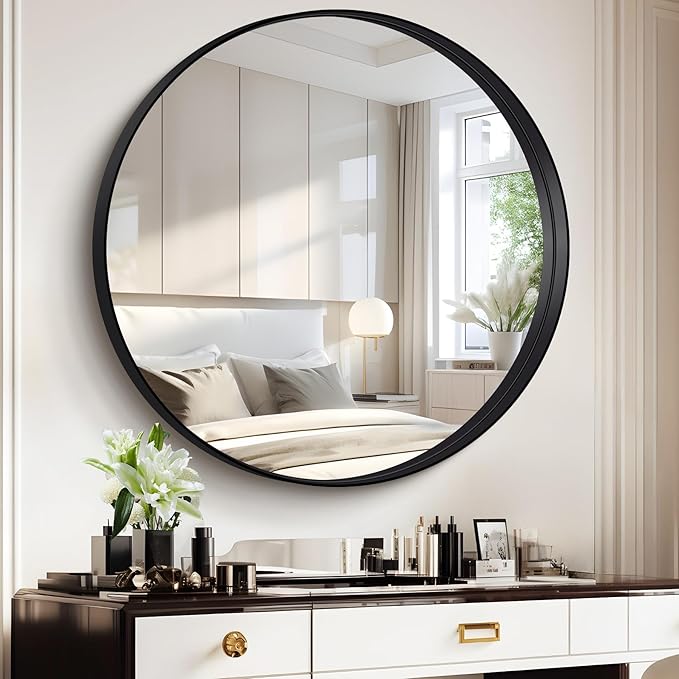 Black Round Mirror 42 inch Deep Frame Circle Mirror, Metal Frame Round Bathroom - Image 4