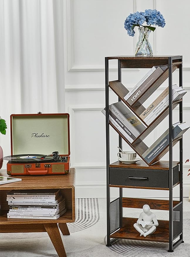 Bookshelf with Drawer, 8 Tier Tree Bookcase Retro Floor Standing Bookshelves by Zexvida