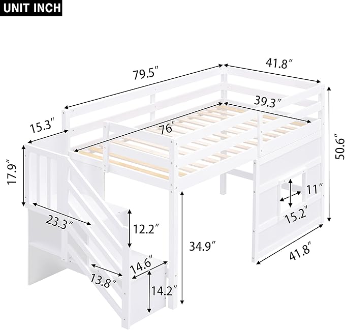 Twin Size Loft Bed with Storage Staircase and Window, Wood Twin Loft Bunk - Image 2