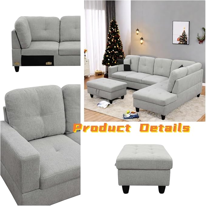 L Shaped Sectional Couch with Otttoman, Apartments, Light Grey - Image 3