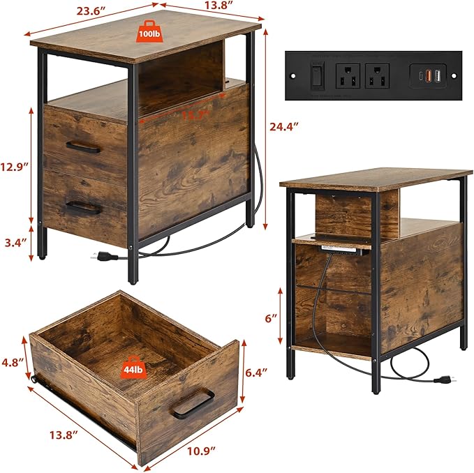 Side Tables with Charging Station, Narrow End Table with 2 Wooden Drawers - Image 3