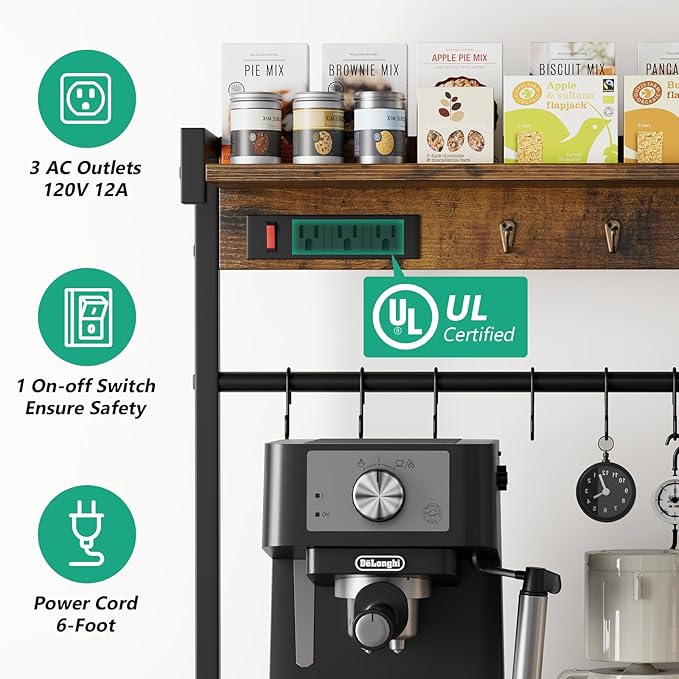 Large Bakers Rack with Power Outlets 38.8 Inches, 15 Hooks Coffee Bar with 3 - Image 3