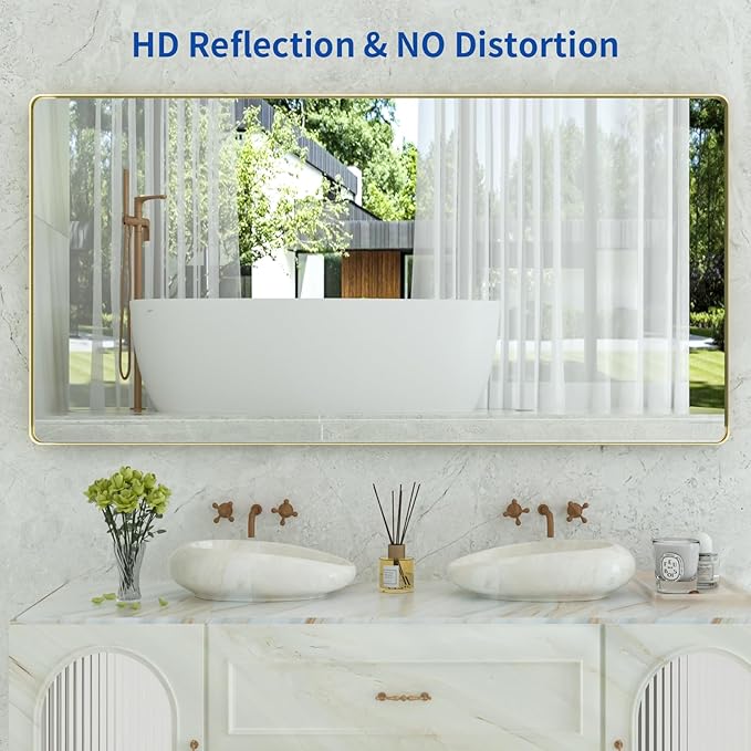 WEER Gold Bathroom Mirror, 72X36 Inch Brushed Gold Metal Frame Mirror, Rounded - Image 2