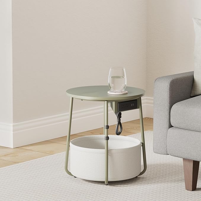 VASAGLE Side Table with Charging Station, Round End Table with Fabric Basket - Image 2