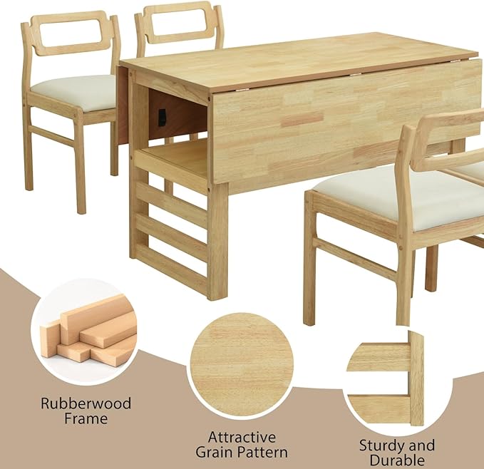 Drop Leaf Dining Table with Chairs Set of 4, 5-Piece Farmhouse Rectangular - Image 6